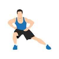 Man doing standing adductor or adduction stretch exercise. vector