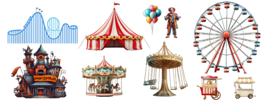 Amusement park design elements. Digital illustration. Carousel, haunted house, balloons, clown, roller coaster, popcorn, ice cream, circus tent, ferriss wheel, transparent background, AI Generated png