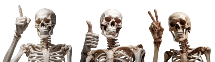 skelet met grappig uitdrukking, shows vingers, halloween skeletten verzameling, transparant achtergrond, ai gegenereerd png