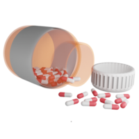 Pills capsule is spilled from pill bottle clipart flat design icon isolated on transparent background, 3D render medication and health concept png