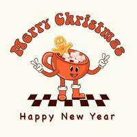 Happy New Year. Cute hot cocoa mug. Retro character in groovy cartoon style. Atmosphere of the 60's and 70's. Merry Christmas and Happy New Year. vector