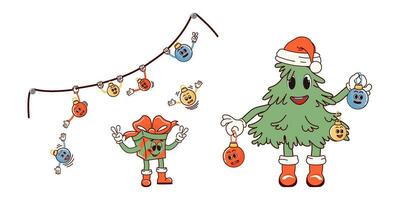 Christmas tree and festive atmosphere. Retro character in cartoon fashionable groovy style. The atmosphere is from the 60s and 70s. Merry Christmas and Happy New Year. vector