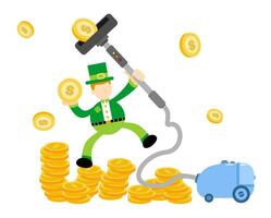 leprechaun shamrock celtic and vacuum cleaner clean catch money cartoon doodle flat design style vector illustration