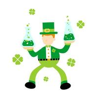 leprechaun shamrock celtic and experiment laboratory flask research science cartoon doodle flat design style vector illustration