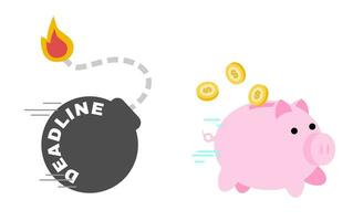 pink pig bank dollar coin economy run from time bomb deadline cartoon doodle flat design style vector illustration