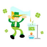 leprechaun shamrock celtic and experiment laboratory flask research science cartoon doodle flat design style vector illustration