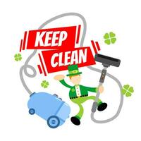 leprechaun shamrock celtic and vacuum cleaner clean cartoon doodle flat design style vector illustration