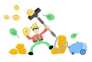 farmer man agriculture and vacuum cleaner clean catch money cartoon doodle flat design style vector illustration