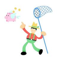 farmer man worker catch pig bank money economy cartoon doodle flat design style vector illustration