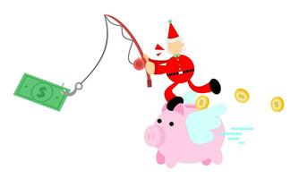 contento Navidad rojo Papa Noel claus y cerdo banco cebo dinero dólar economía dibujos animados garabatear plano diseño estilo vector ilustración