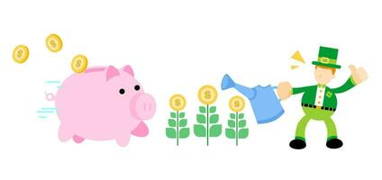 happy Leprechaun and pig bank money dollar garden farm economy finance cartoon doodle flat design style vector illustration
