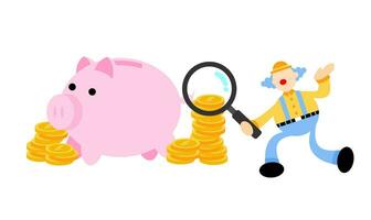 happy clown and pig bank money dollar economy finance cartoon doodle vector illustration flat design style