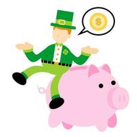 happy Leprechaun and pig bank money dollar economy finance cartoon doodle flat design style vector illustration