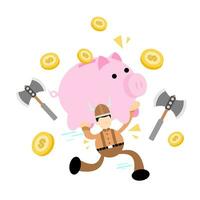 barbarian viking and pig bank money cartoon doodle flat design style vector illustration