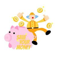 happy clown and pig bank money dollar economy finance cartoon doodle vector illustration flat design style