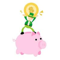 happy Leprechaun and pig bank money dollar economy finance cartoon doodle flat design style vector illustration