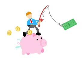 happy Businessman and pig bank money dollar bait economy finance cartoon doodle flat design style vector illustration