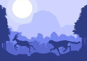 leopardo cazar impala ciervo animal silueta bosque montaña paisaje plano diseño vector ilustración