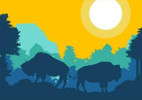 bisonte animal silueta bosque montaña paisaje plano diseño vector ilustración