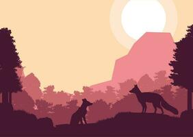 zorro animal silueta bosque montaña paisaje plano diseño vector ilustración