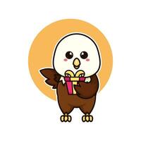 happy bald eagle and gift box adorable cartoon doodle vector illustration flat design style