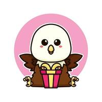 happy bald eagle and gift box adorable cartoon doodle vector illustration flat design style
