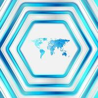 Bright blue geometric tech background with low poly world map vector