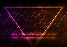 Orange purple neon laser triangle frame technology grunge background vector