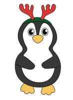 dibujos animados Navidad y nuevo año pingüino personaje. linda pingüino con ciervo cuerno venda. vector plano ilustración.