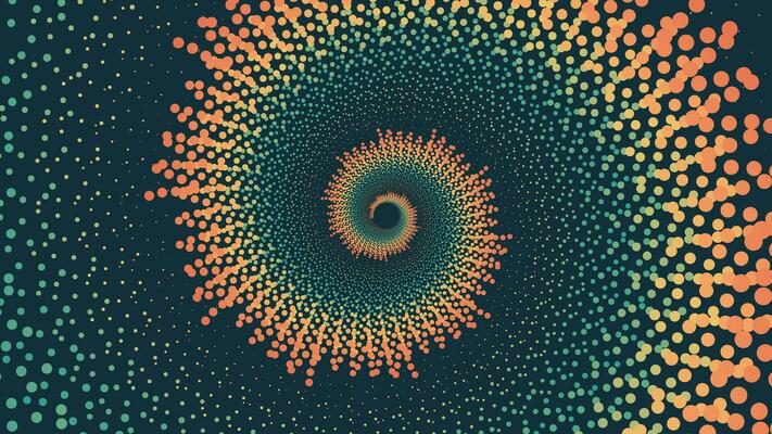 Abstract spiral rainbow dotted vortex background.
