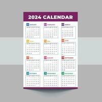 2024 Calendar template design. Week starts on Sunday office calendar. Desktop planner in simple clean style. Corporate or business calendar. English vector calendar layout.