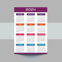 2024 Calendar template design. Week starts on Sunday office calendar. Desktop planner in simple clean style. Corporate or business calendar. English vector calendar layout.