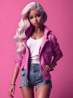 Barbie muñeca linda rubio niña rosado atuendo rosado fondo de pantalla ai generativo foto