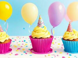 birthday cupcakes with background of colorful balloons AI Generative photo