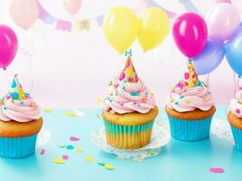 birthday cupcakes with background of colorful balloons AI Generative photo
