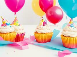 birthday cupcakes with background of colorful balloons AI Generative photo