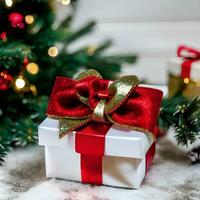 Gift box under decorated christmas tree - Generated image photo