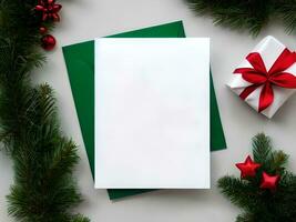 Blank paper card with Christmas Decoration objects  around - Generated image photo