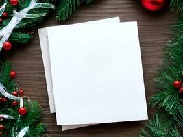 blanco papel tarjeta con Navidad decoración objetos alrededor - generado imagen foto