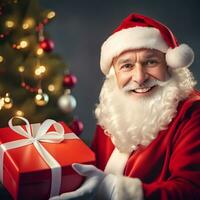 Papa Noel claus con un presente regalo caja en el habitación con Navidad árbol antecedentes - generado imagen foto