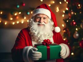 Santa claus with a present gift box in the room with christmas tree background - Generated image photo