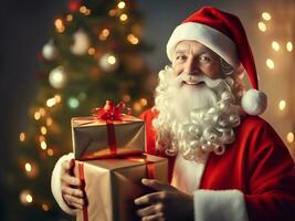 Santa claus with a present gift box in the room with christmas tree background - Generated image photo