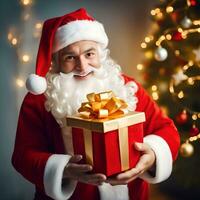 Papa Noel claus con un presente regalo caja en el habitación con Navidad árbol antecedentes - generado imagen foto