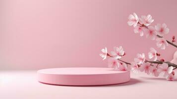 3d render of pink podium for product presentation with cherry blossom. Generative AI photo
