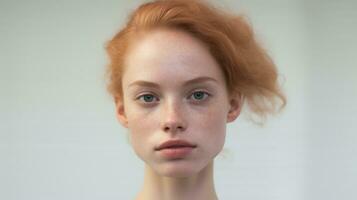 Portrait of a redhead girl with freckles on her face Generative AI photo
