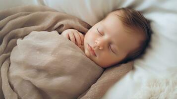 Cute little newborn baby sleeping on a soft blanket. Toning. Generative AI photo