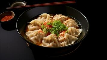 Japanese dumplings in black bowl with chopsticks on black background photo