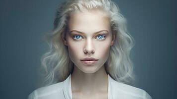 Portrait of a beautiful blonde woman with blue eyes. 3d rendering Generative AI photo