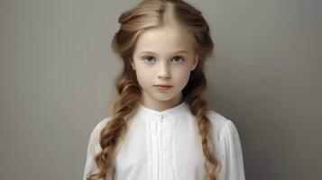 retrato de un hermosa pequeño niña con trenzado pelo en un blanco camisa. generativo ai foto