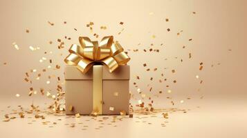 Golden gift box with gold bow and confetti. 3d rendering Generative AI photo
